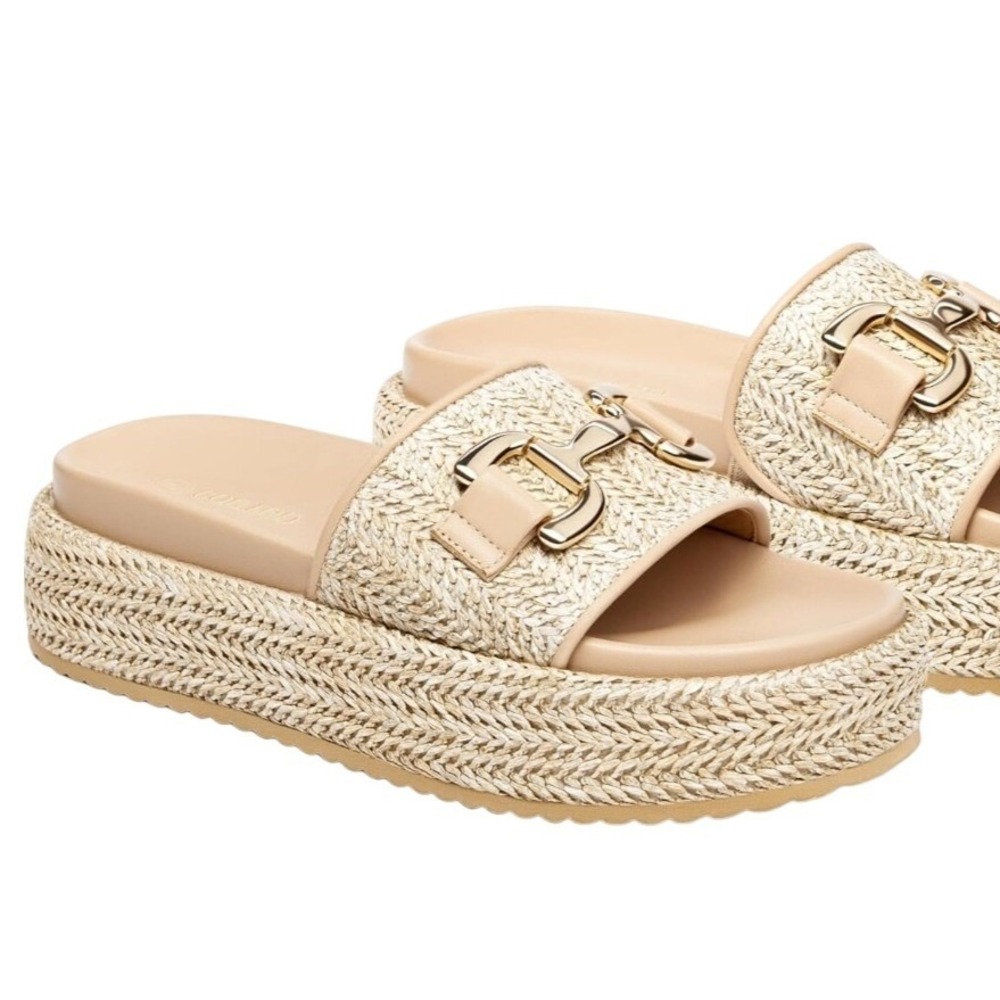 Coutgo Womens Raffia Platform Slide Sandals Gold Buckle Beige Espadrille 7.5 NEW
